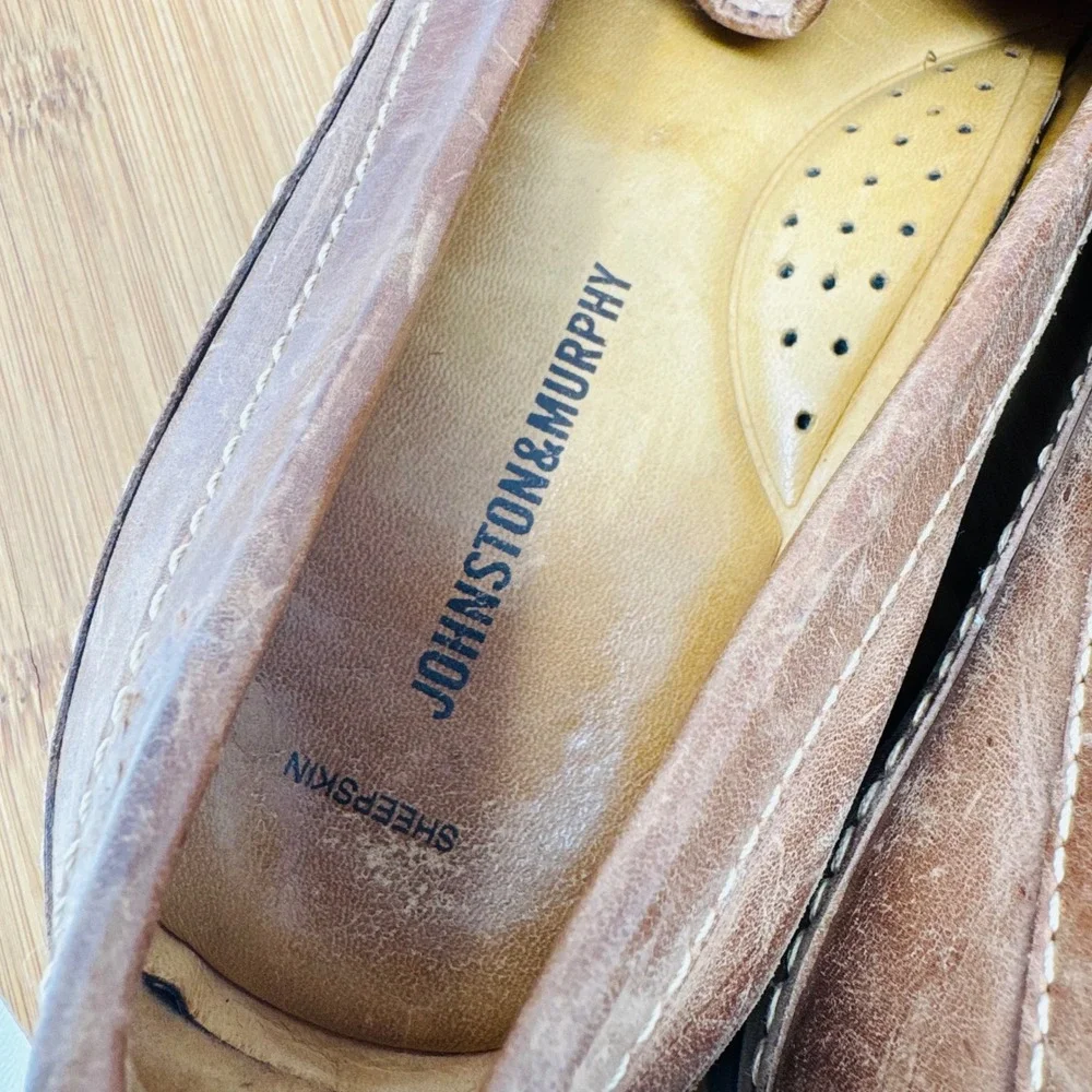 Johnston & Murphy Mens Brown Woven Leather Loafers Sheepskin Lining 10 M 20-8543